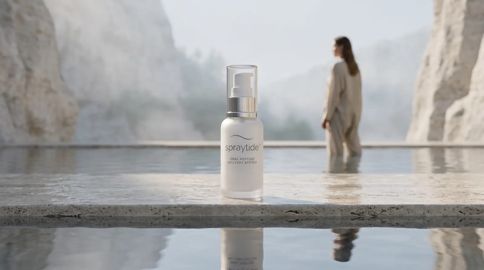 The SPRAYTIDE bottle standing on a travertine ledge at the edge of still water, with pale rock faces and mist behind it and a person walking in the shallows.